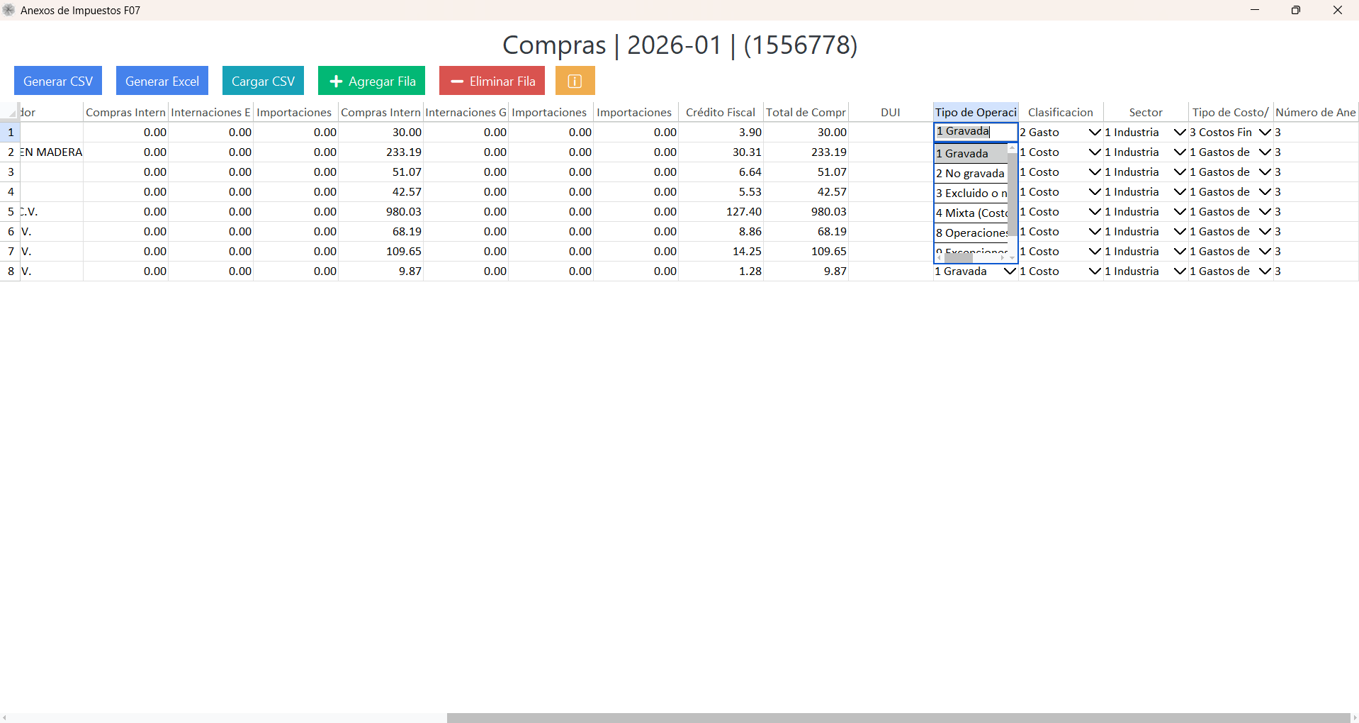 Editor de Anexos F07 con acciones principales Tabla principal de Anexos F07
