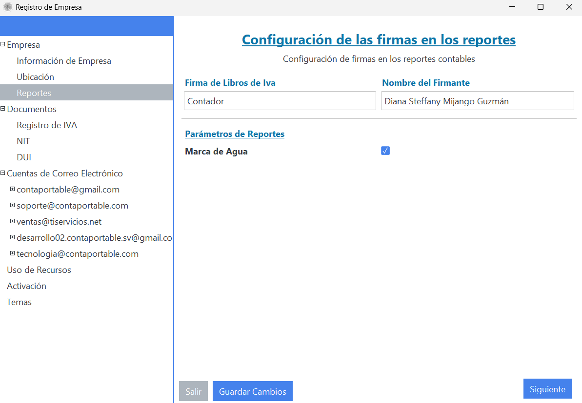 Configuración de firmas y marca de agua para Libros de IVA Configuración de firmas en reportes